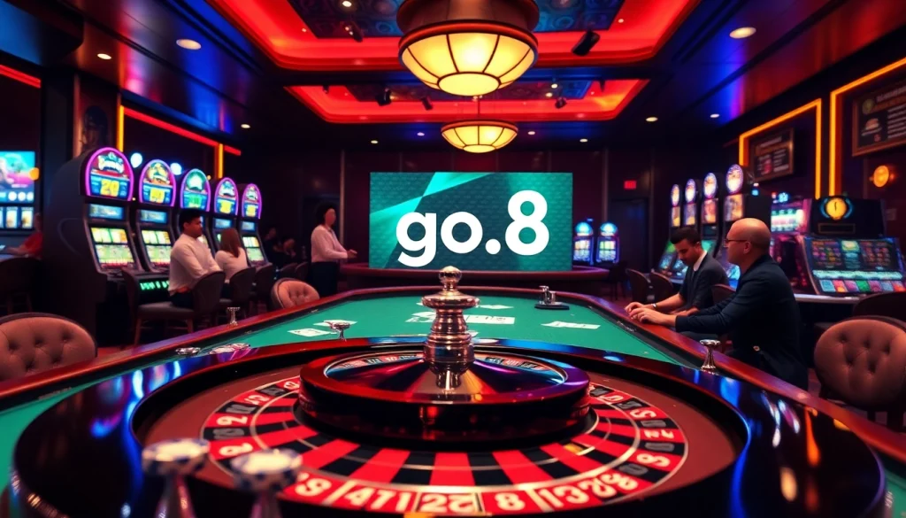 Exciting casino scene showcasing a roulette wheel and vibrant players immersed in gambling with go.8 technology enhancing the experience.