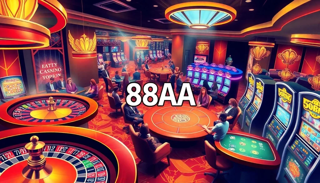 88AA showcases the thrilling casino atmosphere with players betting at poker tables and vibrant slot machines.