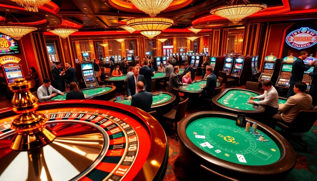 Players enjoying various games at 789BET casino with exciting action at blackjack and roulette tables.
