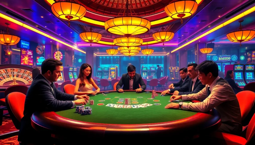 Experience the thrill of gambling at https://8xbetvi.us.com/ with vibrant casino scenes featuring engaging players and dynamic gaming elements.