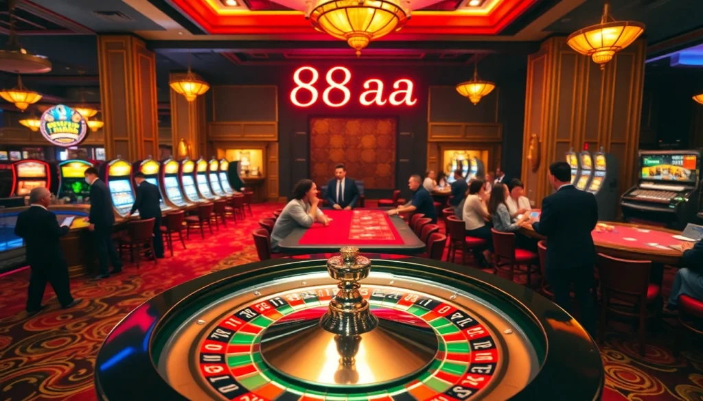 Experience the excitement of the 88aa casino scene with players at a vibrant roulette table.