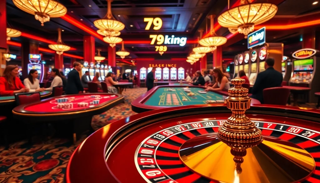 A lively casino scene featuring players at vibrant tables, embodying the excitement of 79king's gaming atmosphere.