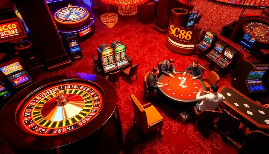 Experience the excitement of SC88 with players at a lively casino table, showcasing poker chips and cards for an engaging gambling scene.